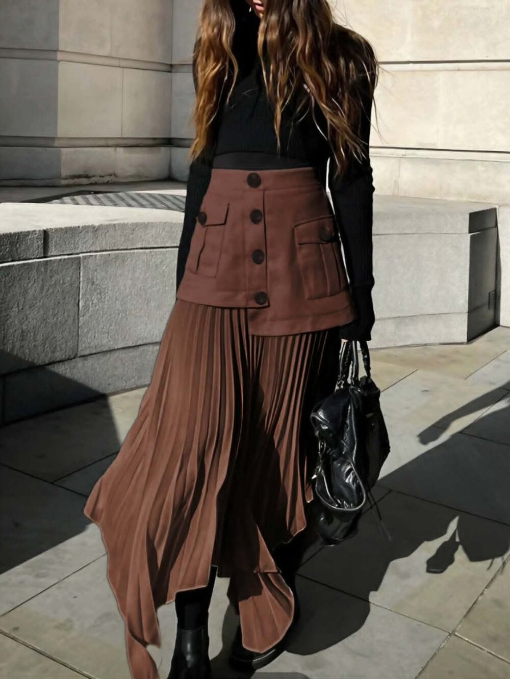 Patchwork Asymmetrical Pleated Buttoned Midi Skirt S